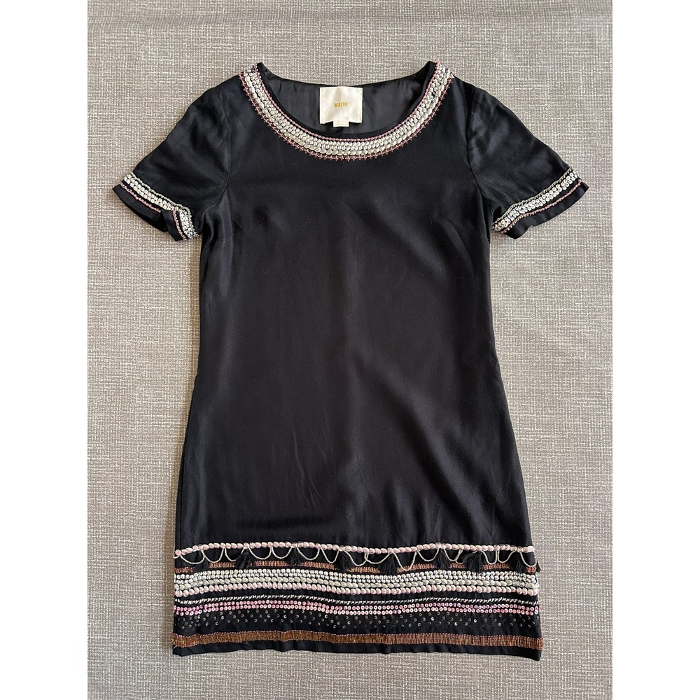 Maeve Anthropologie Black Sequin Tassel Beaded Shift Dress Size 4 Short Sleeve